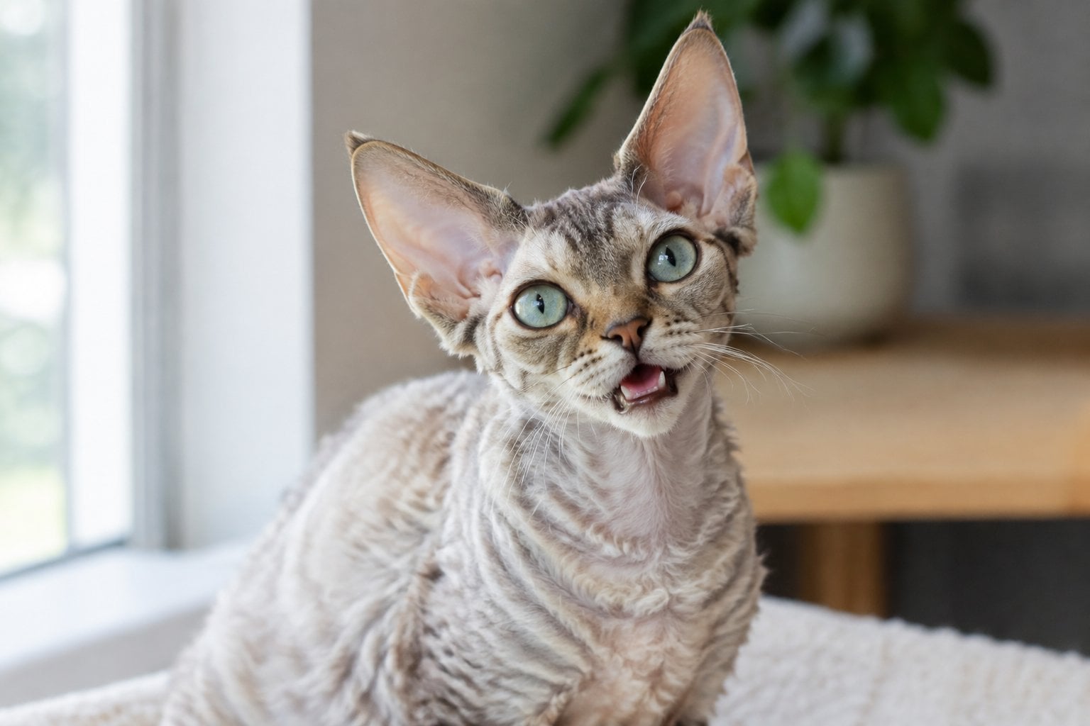 A Devon Rex cat sits indoors with its mouth open as if meowing.