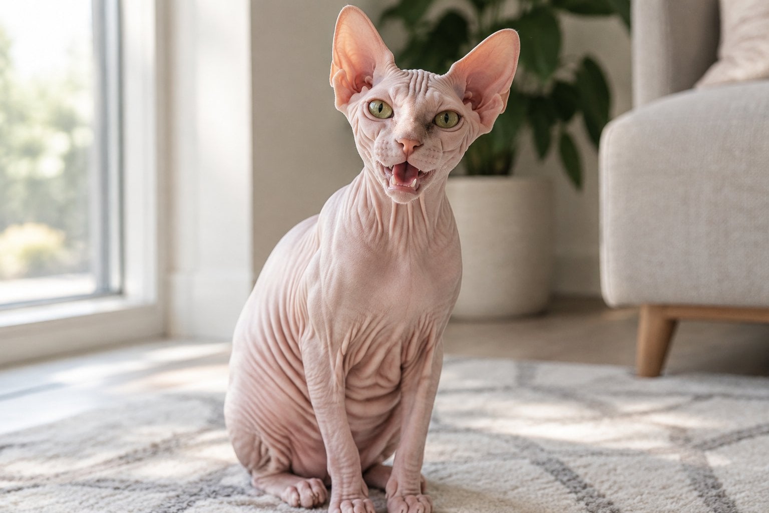 A Sphynx cat sits indoors with its mouth open as if meowing.