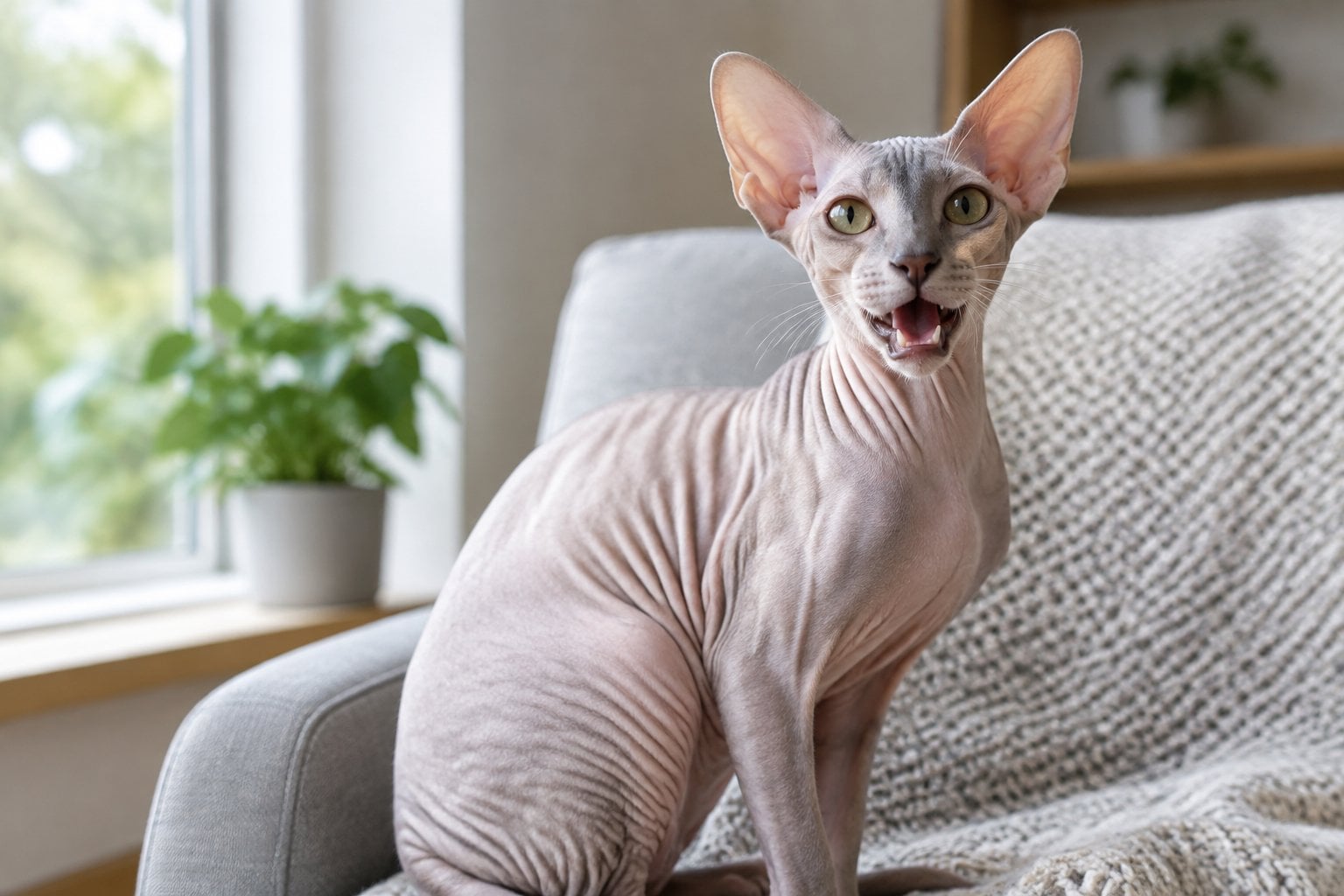 A hairless Peterbald cat meows while sitting on a chair near a window.