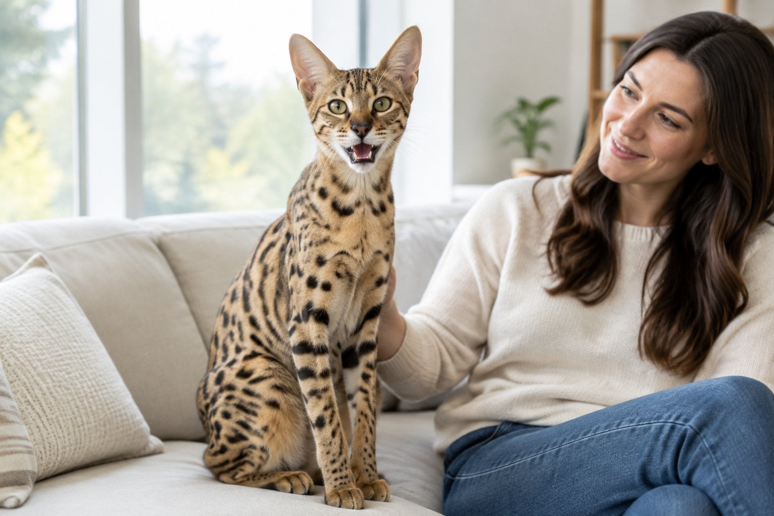 A spotted Savannah cat sits on a sofa with its mouth open while its owner sits nearby.