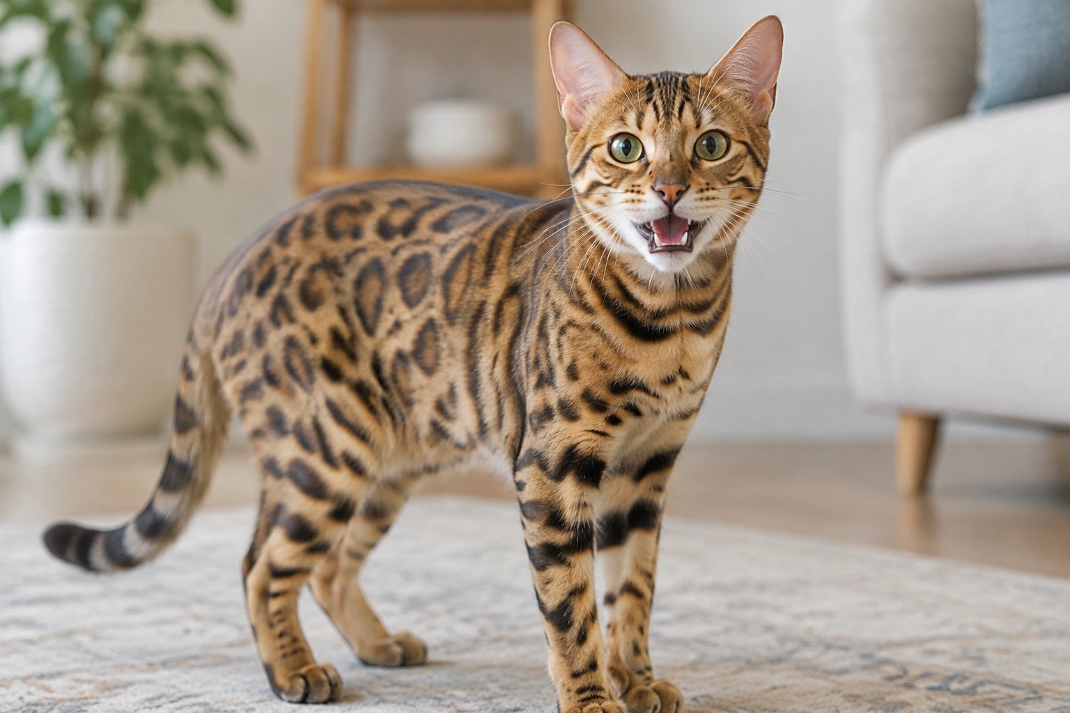 A spotted Bengal cat meowing indoors.