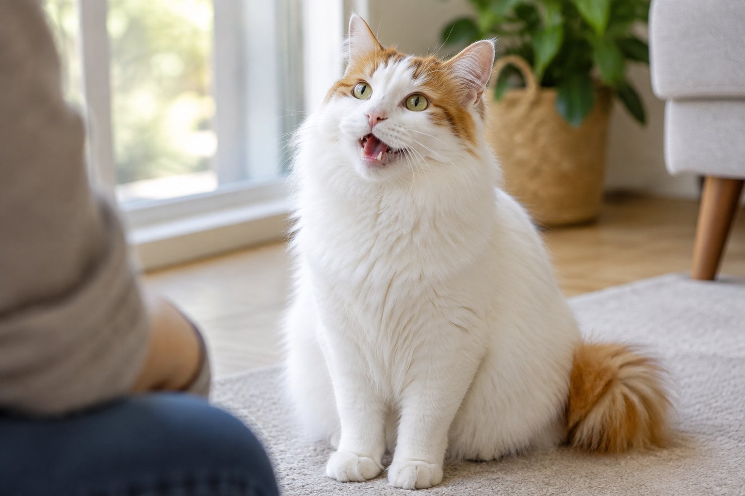 A fluffy white Turkish Van cat sits indoors with its mouth open as if meowing.