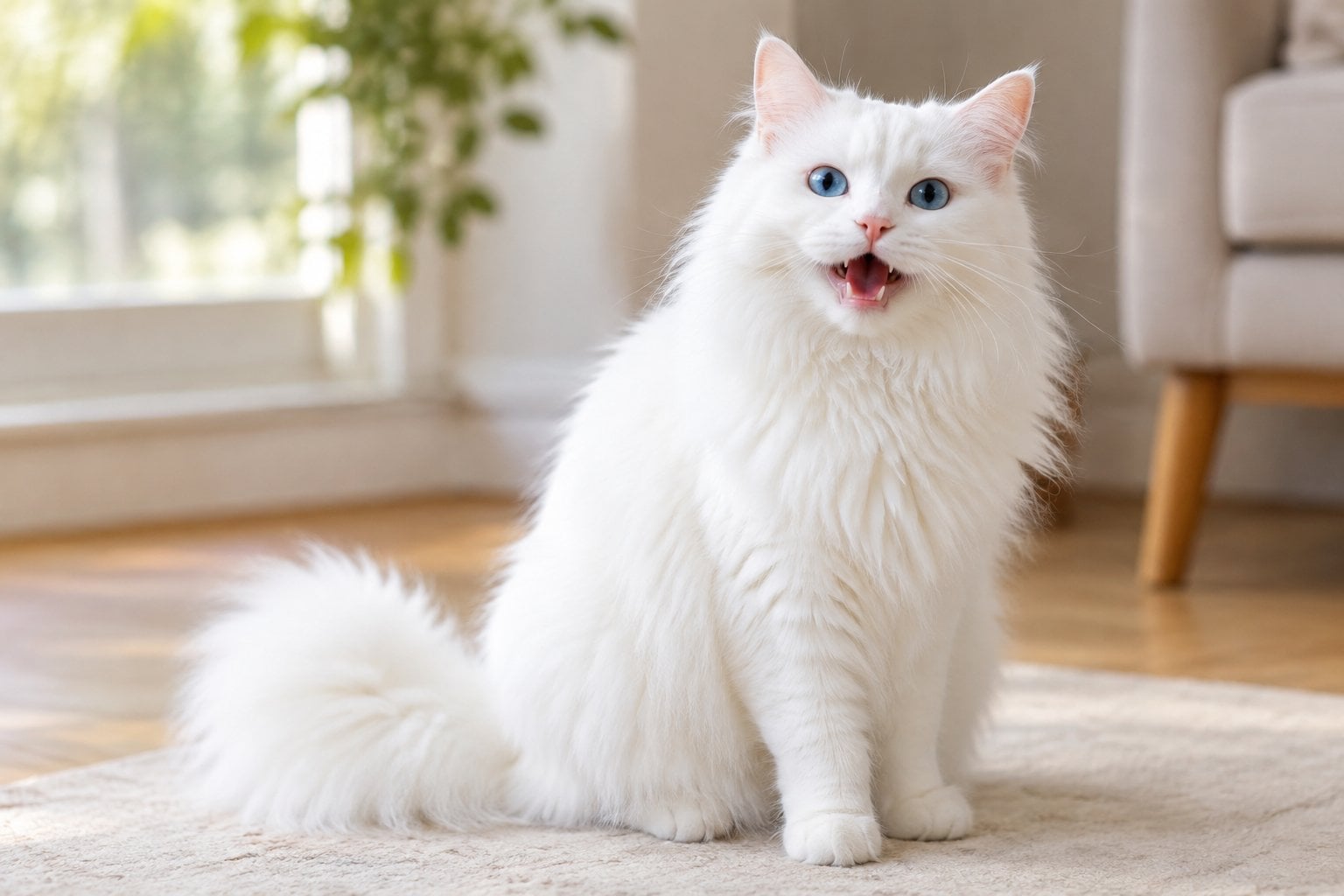 A white Turkish Angora cat sits indoors with its mouth open as if meowing.