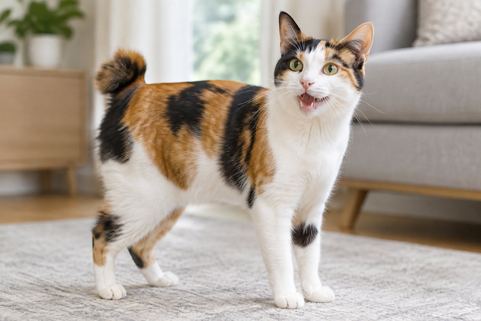 A tricolored Japanese Bobtail cat meows in a bright home.