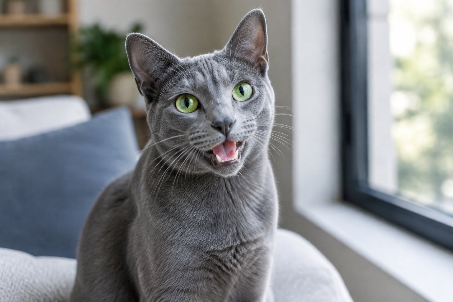 A silver-blue Korat cat meowing on a sofa.