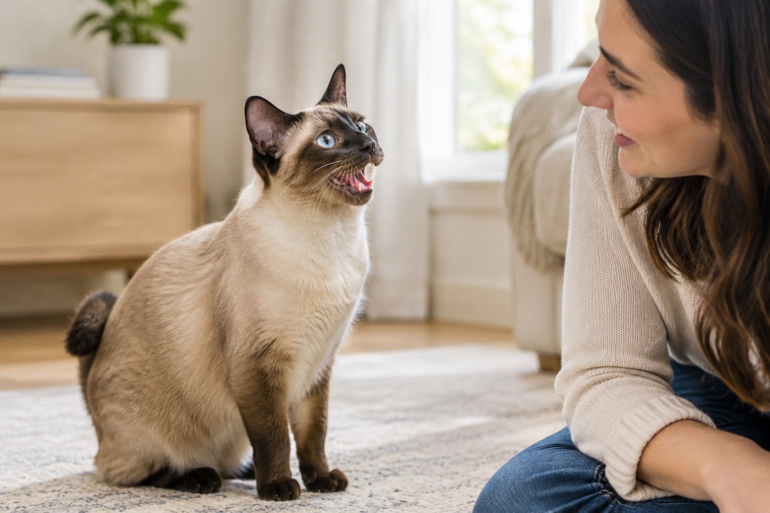 A blue-eyed Mekong Bobtail cat meows beside its owner at home.