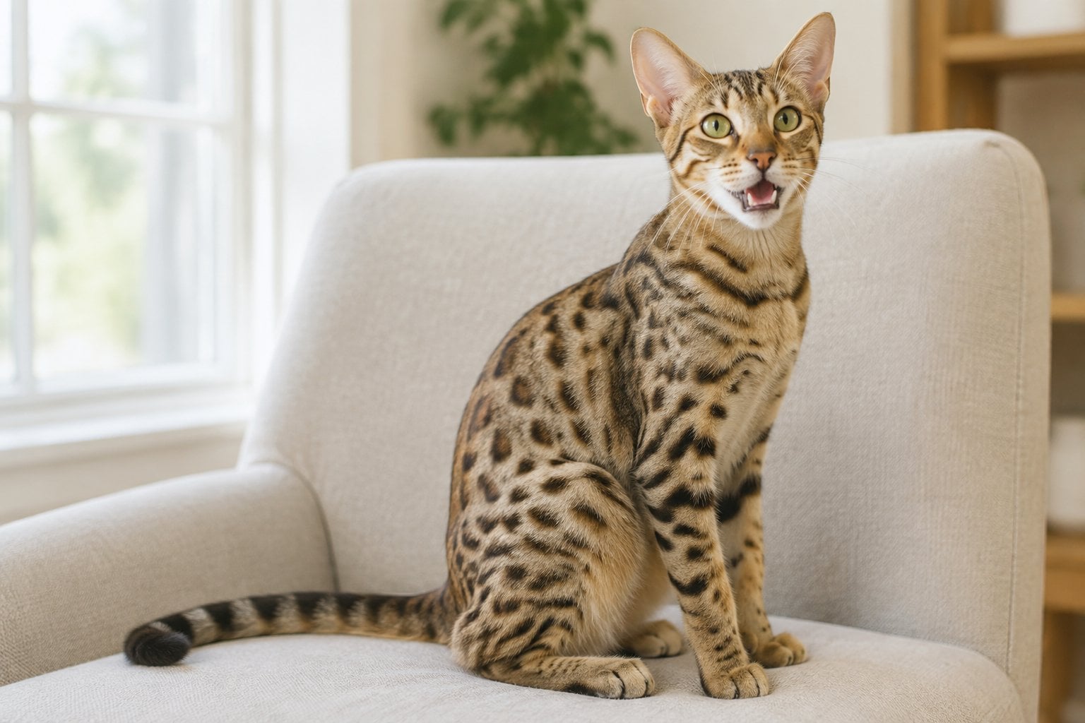 A spotted Ocicat sits on a chair with its mouth open as if meowing.
