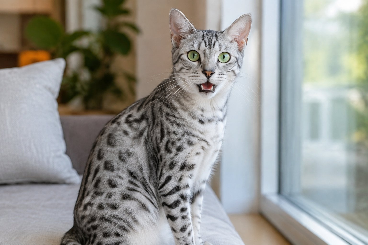 A spotted Egyptian Mau sits indoors with its mouth open.