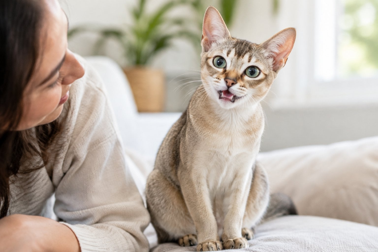 A Singapura cat meows while a person looks toward it.