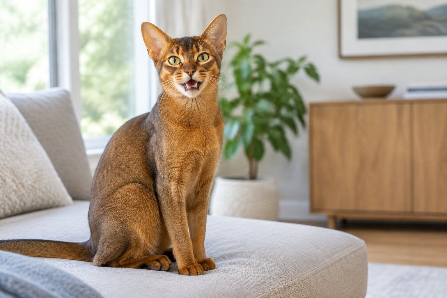 An Abyssinian cat sits indoors with its mouth open as if meowing.