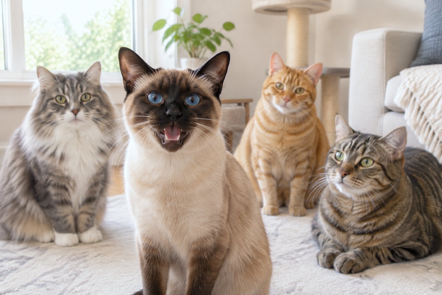Several cats sit in a bright room as a Siamese cat meows.