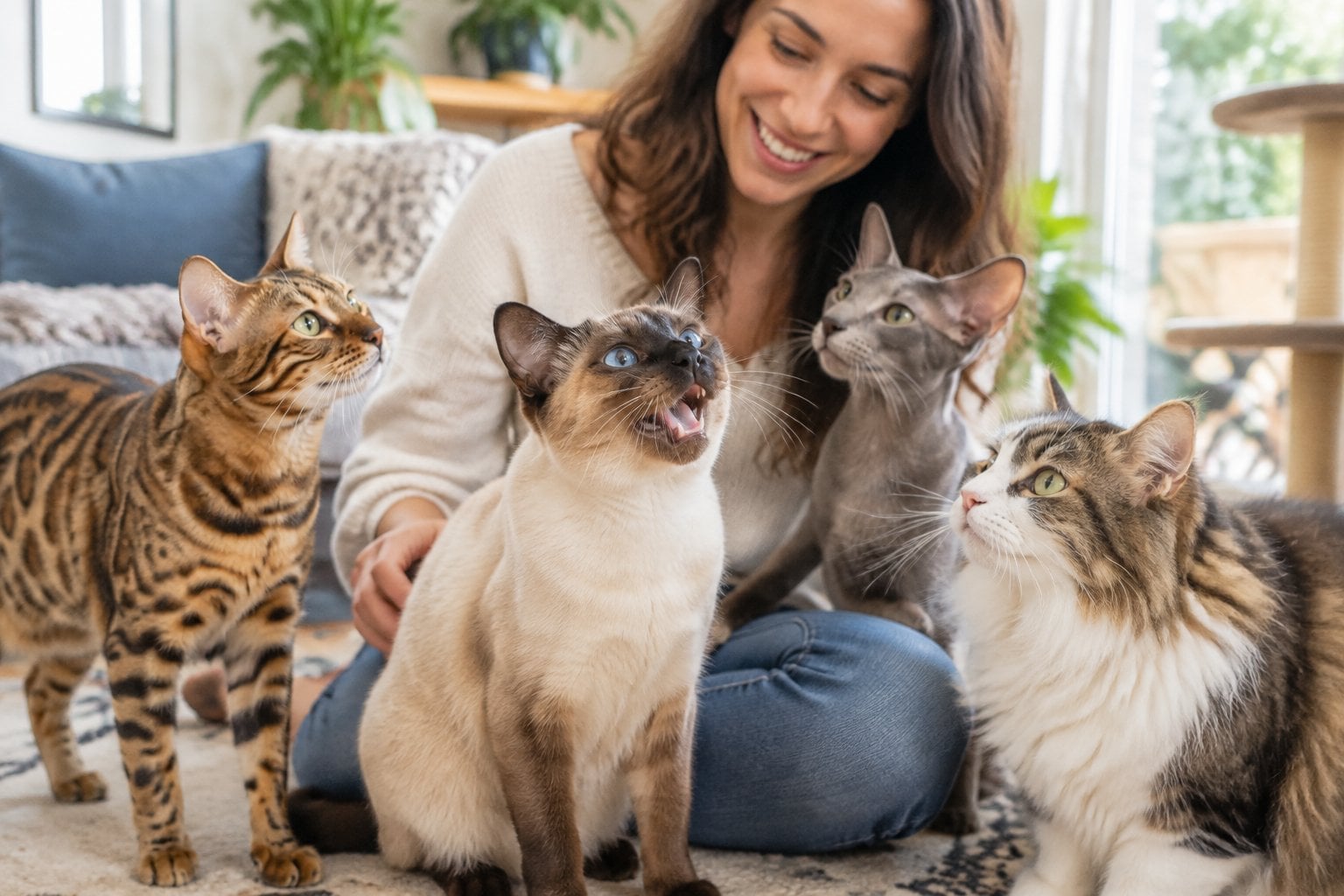 Several cats gather around an owner, with one cat meowing.