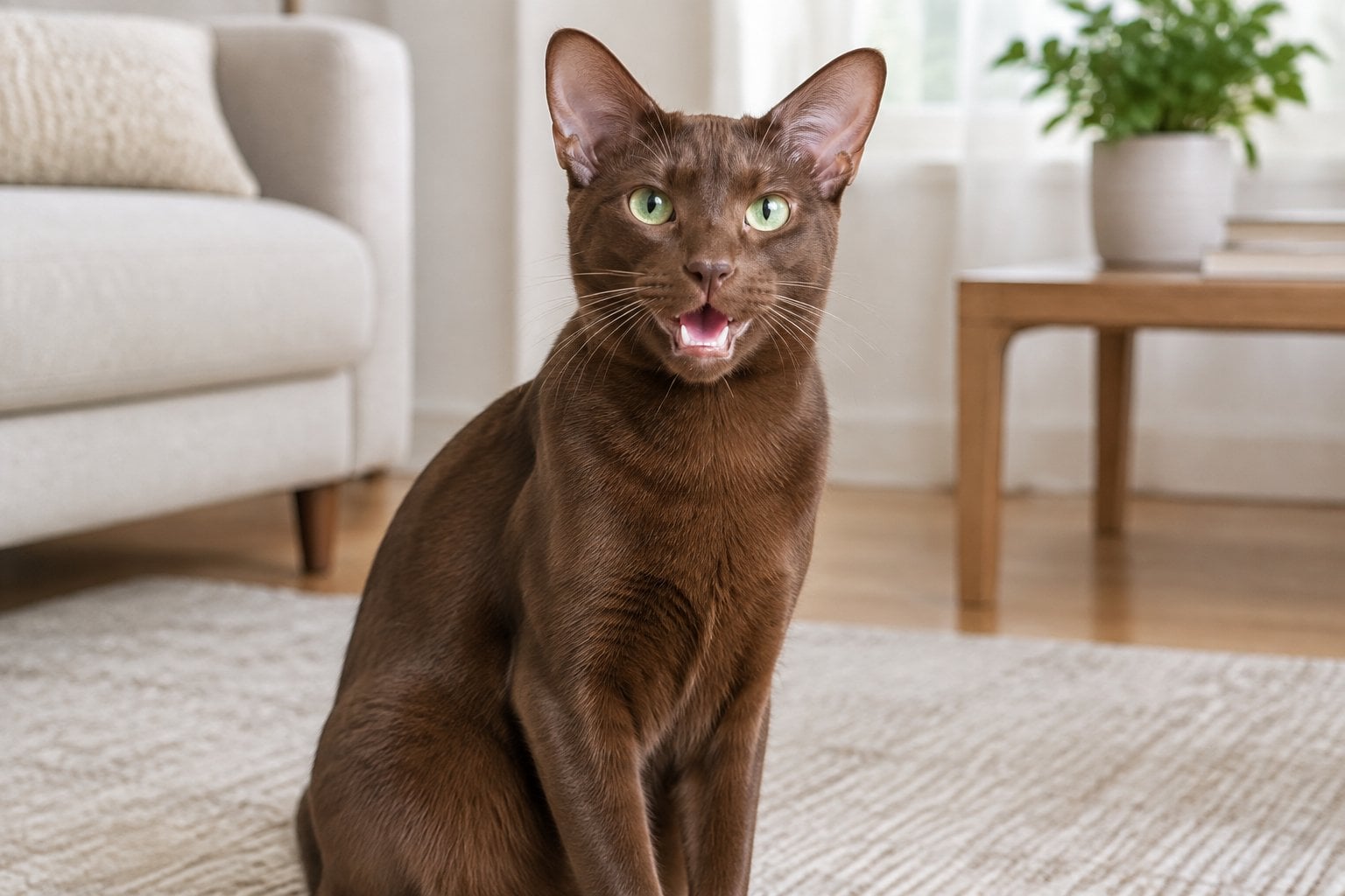 A chestnut-brown cat sits indoors with its mouth open as if meowing.