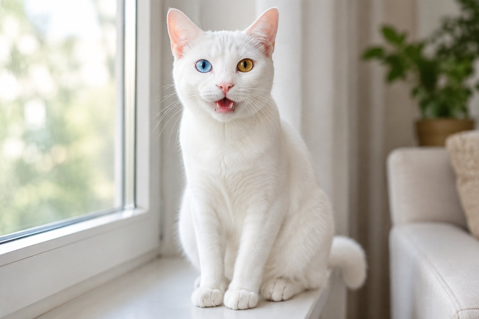 A white cat with different-colored eyes meows from a windowsill.