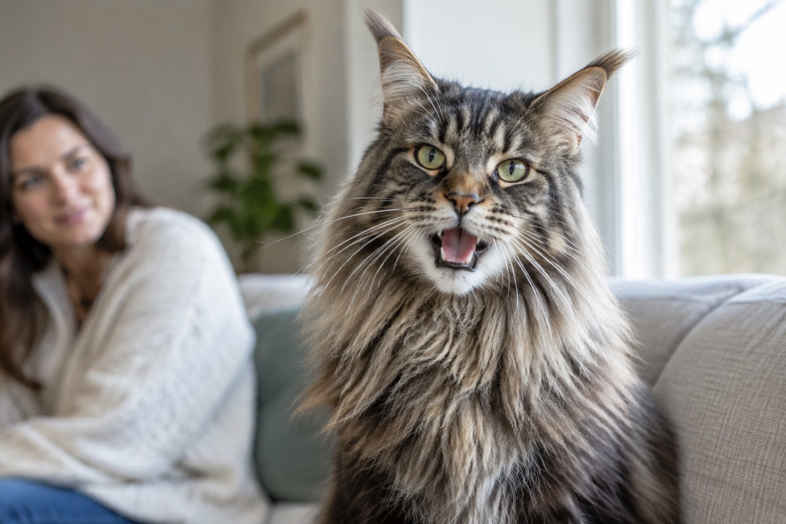 A fluffy Maine Coon cat meows while sitting on a sofa.