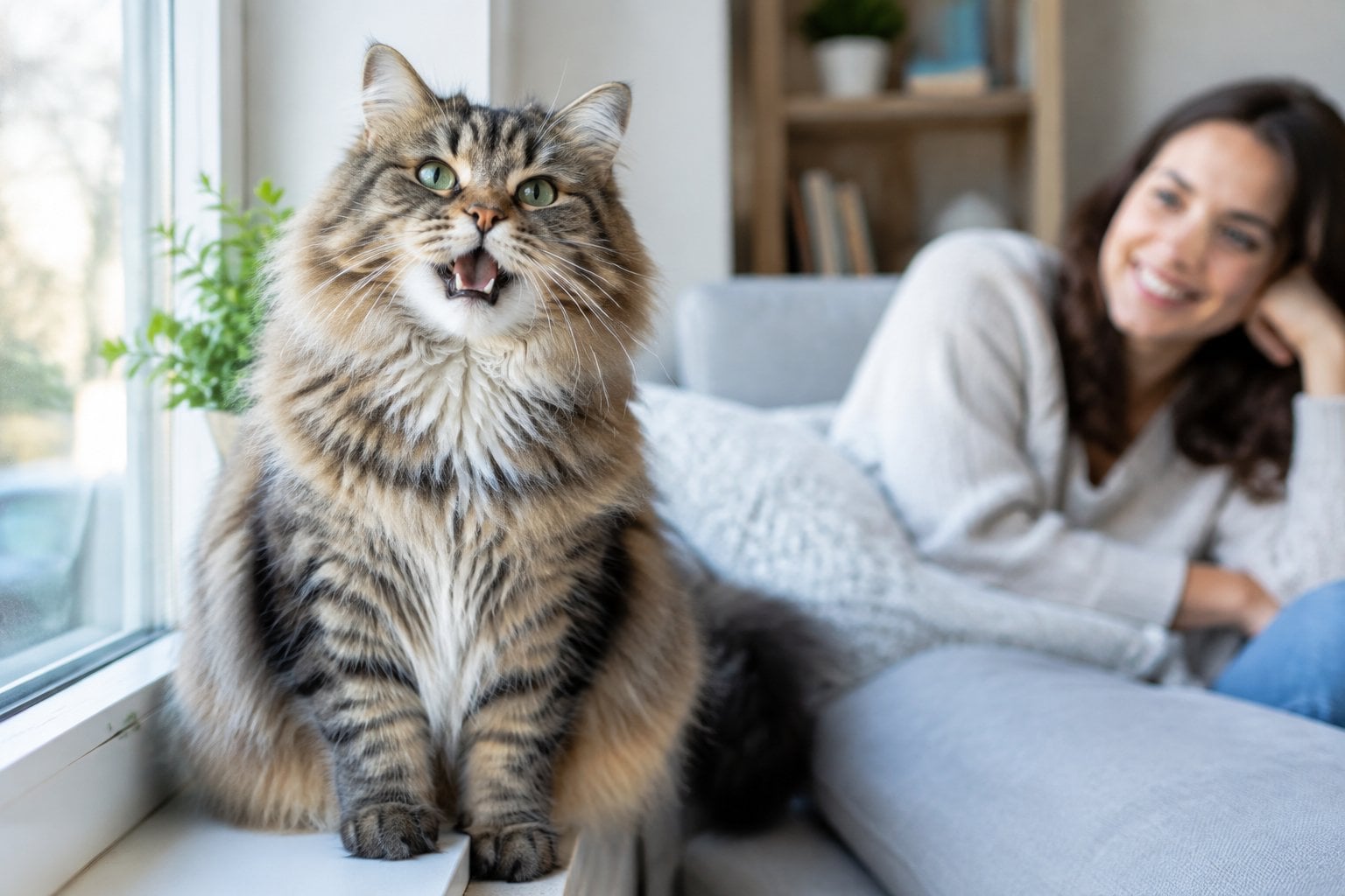 A fluffy Siberian cat meows beside a window while its owner looks on.