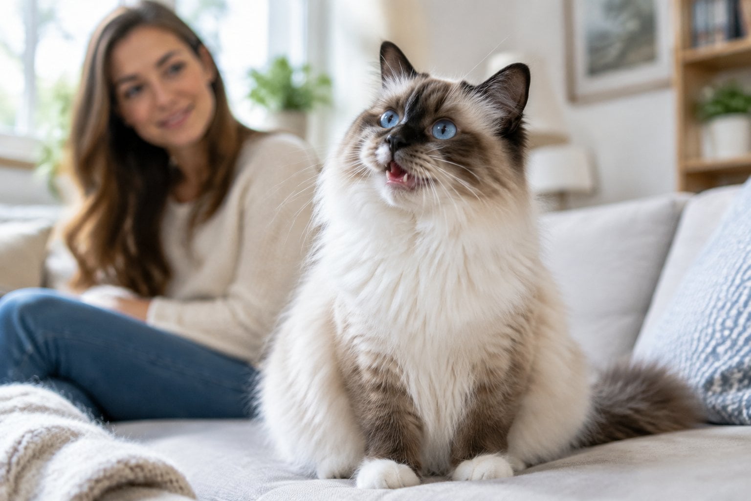 A blue-eyed Ragdoll cat meows while its owner looks on.