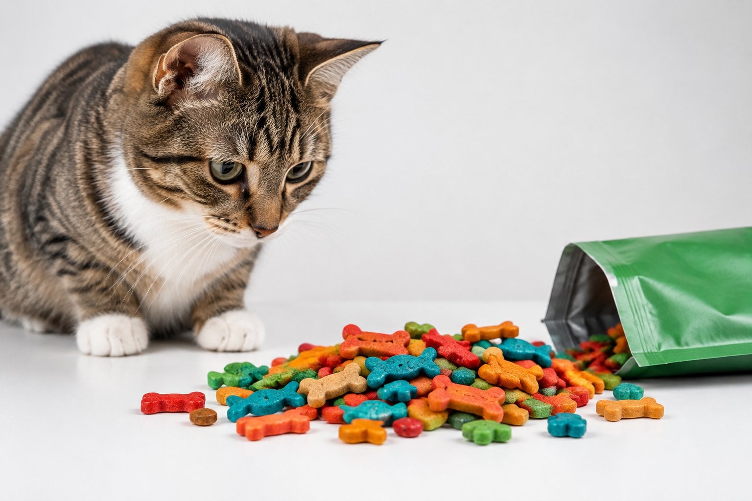 A cat sits beside brightly colored treats on a table.