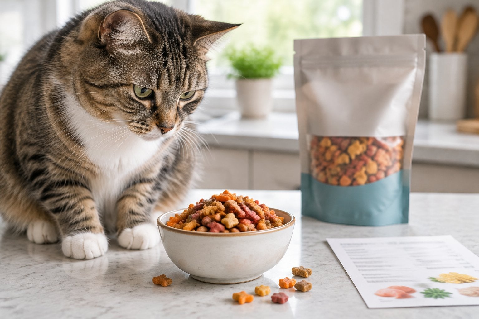 A cat sits beside a bowl of colorful crunchy treats.