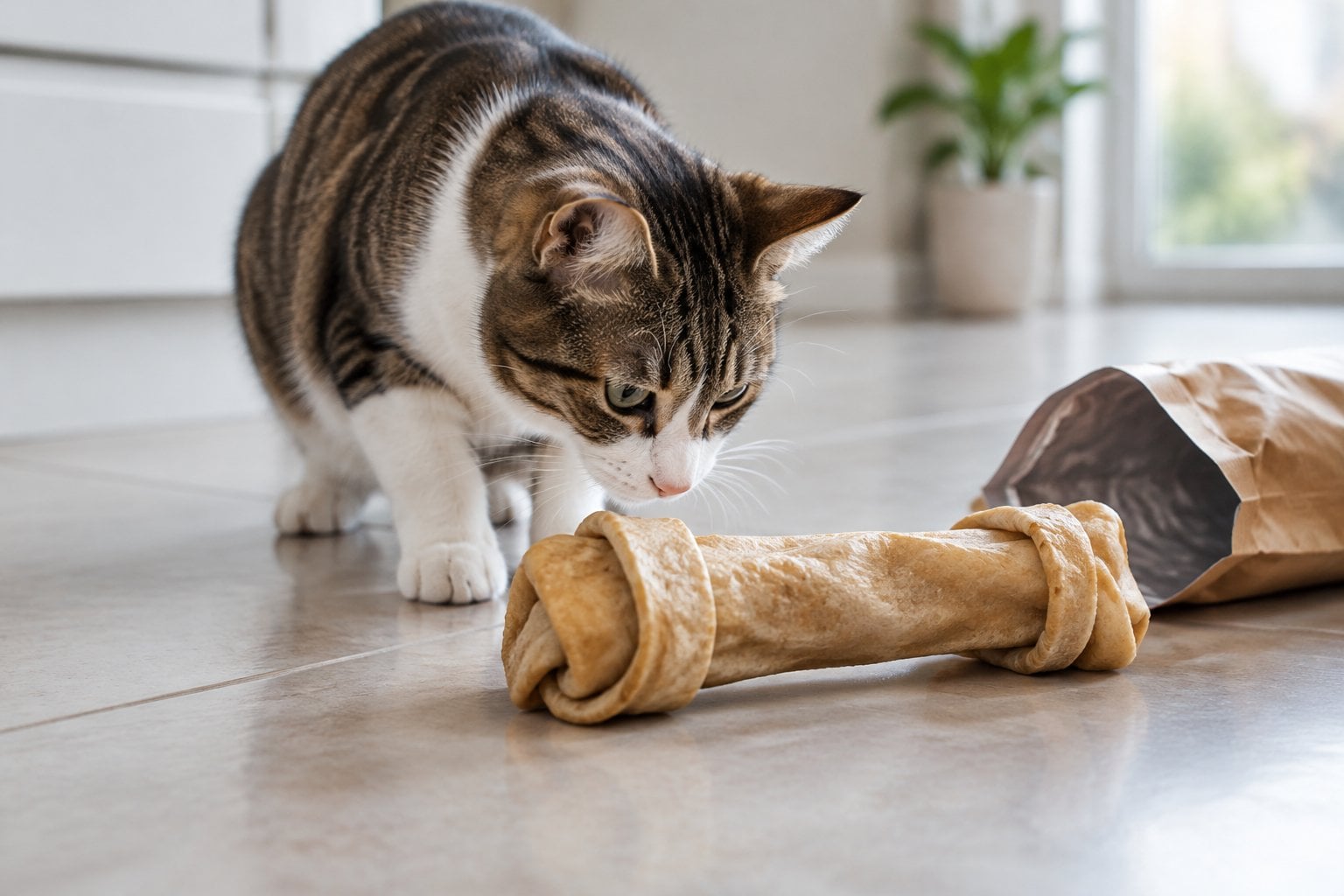 A cat cautiously sniffing a large chew on a kitchen floor.