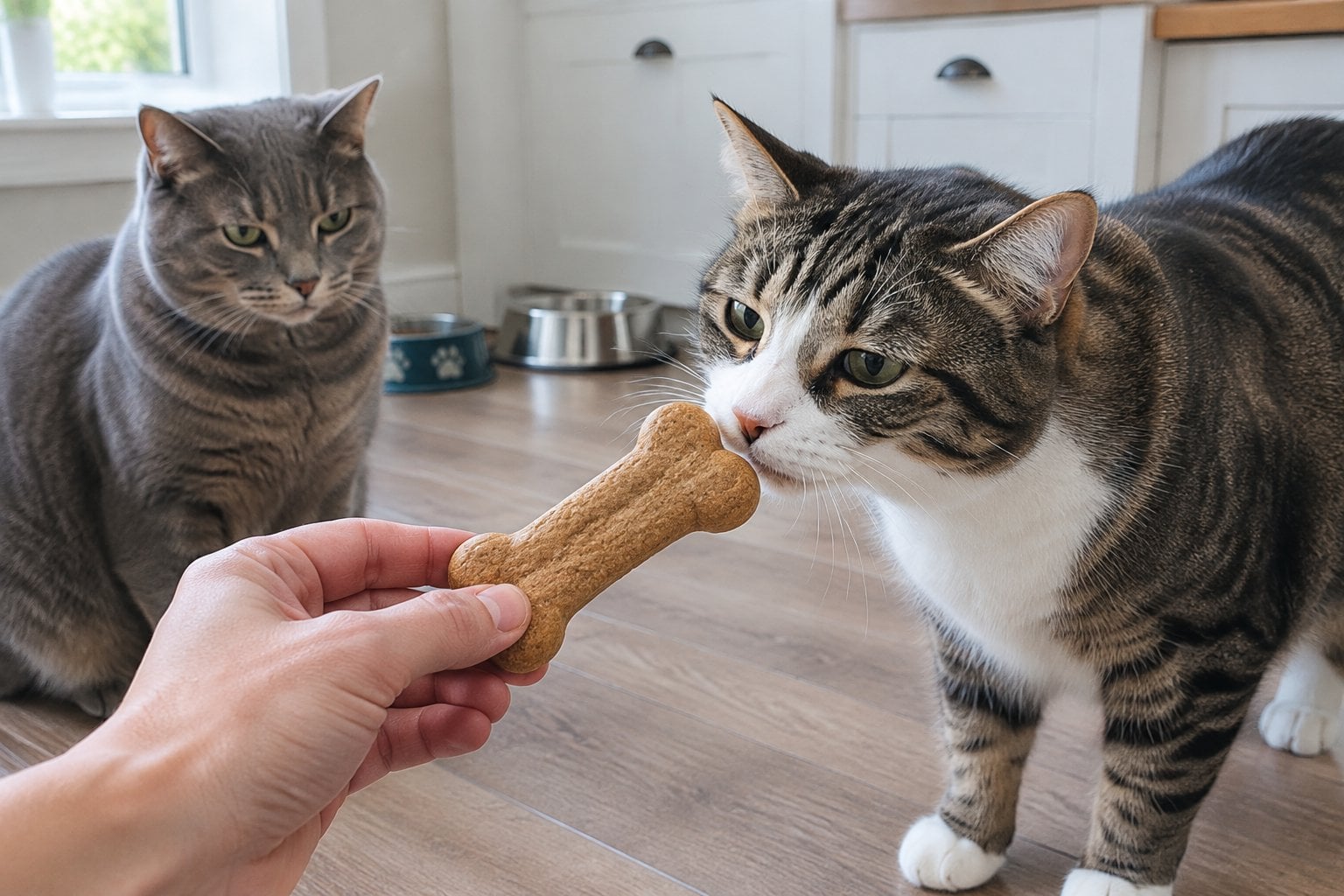 Two cats inspect a dog biscuit offered by a person.