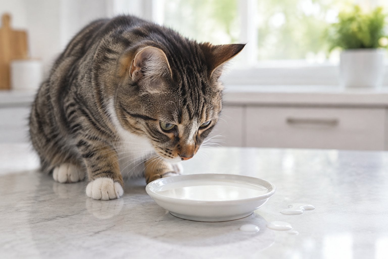 A cat cautiously sniffing a saucer of cow’s milk.