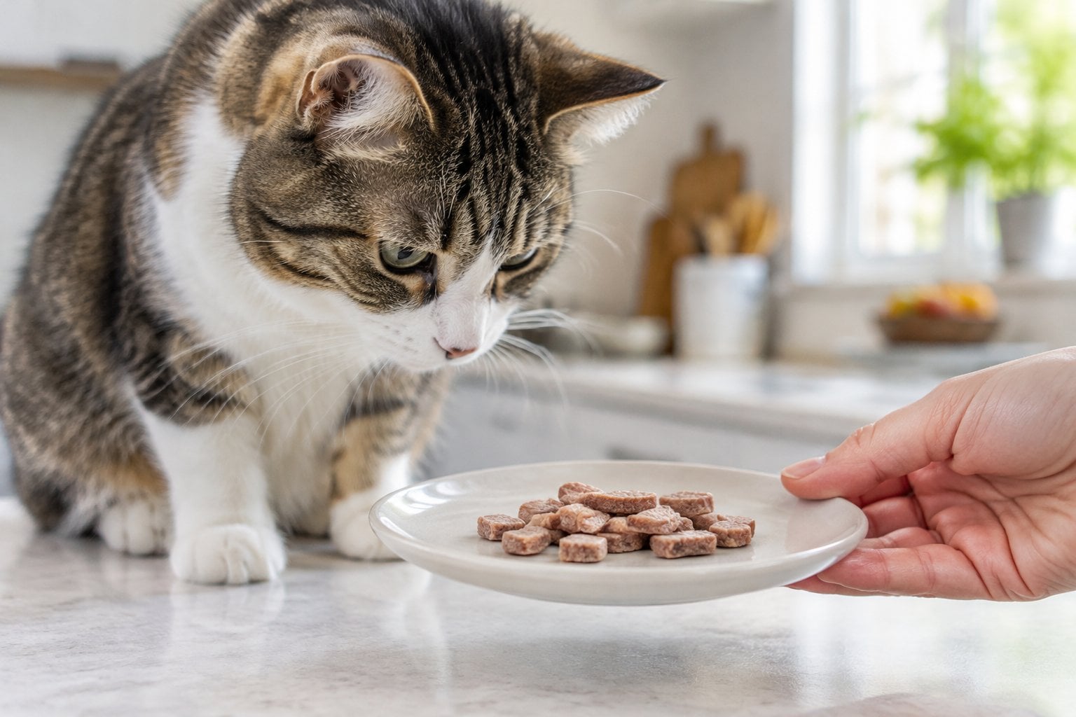 A cat inspects a dish of tuna-colored treats as a person offers it.