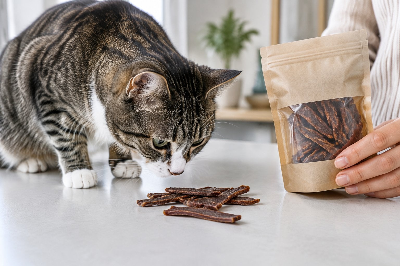 A cat cautiously sniffs dried jerky treats beside a plain package.