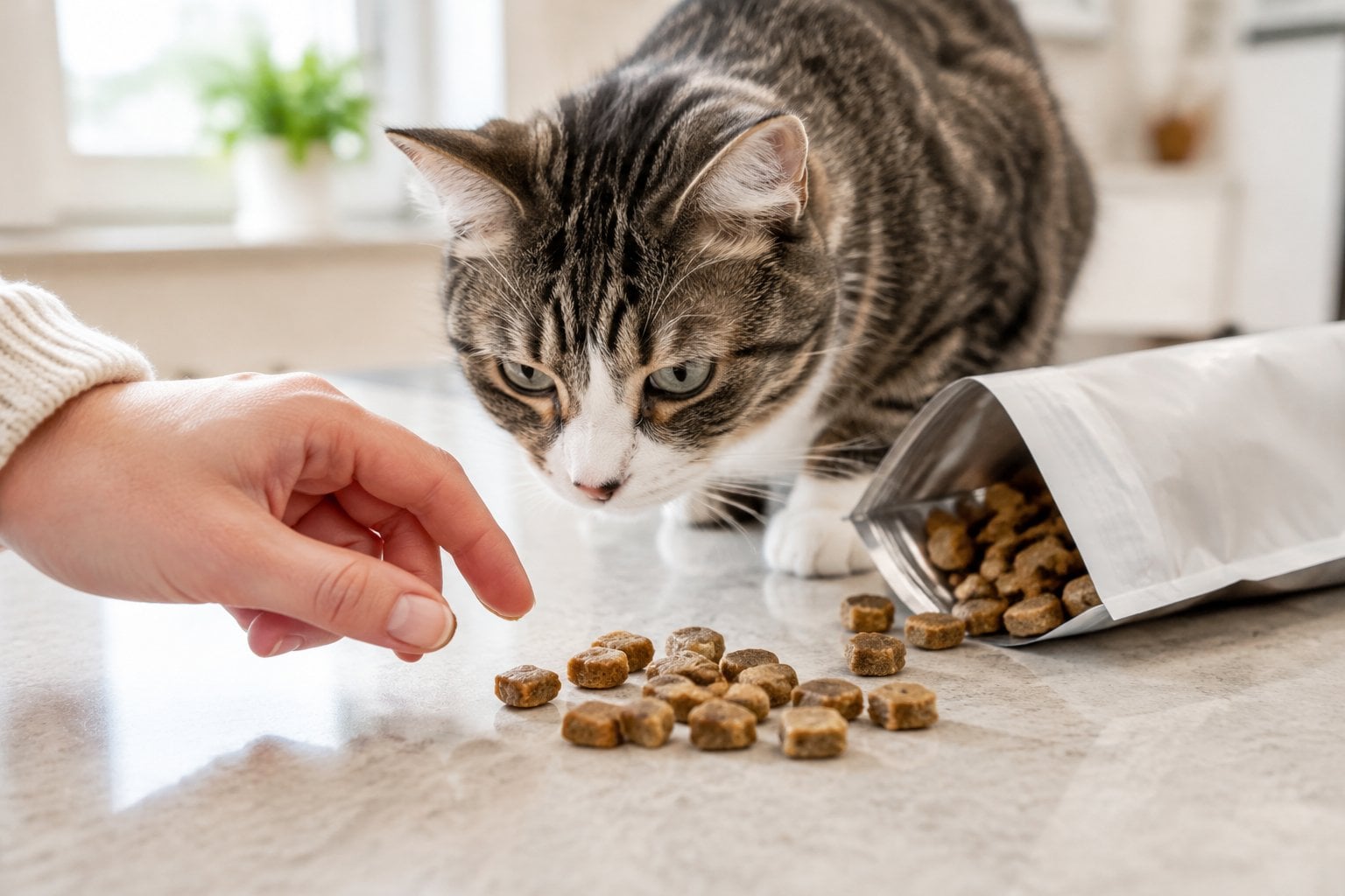 A cat sniffs a pile of treats beside an opened pouch on a kitchen counter.