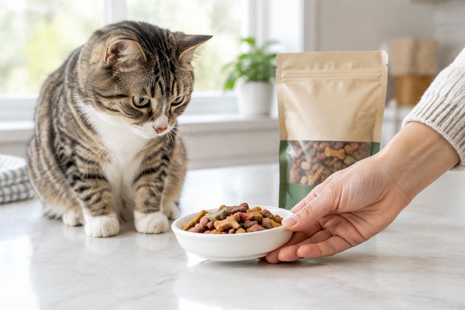 A cat sits beside a dish of treats as a person moves the dish away.