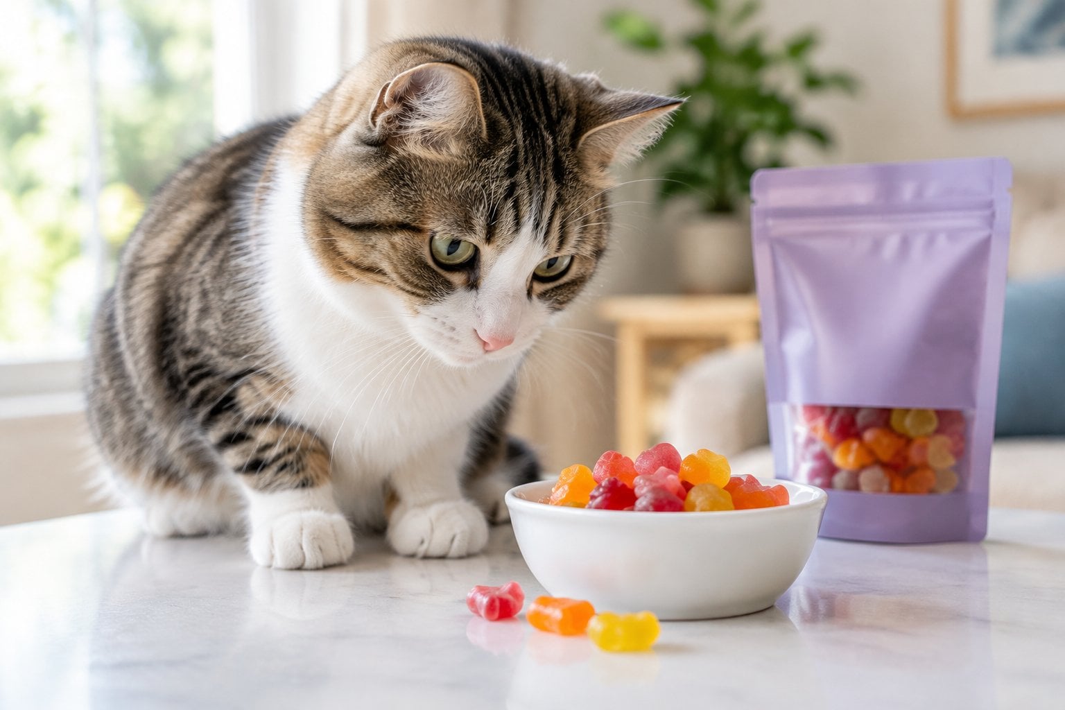 A cat looks at a dish of soft, colorful treats beside an unbranded pouch.