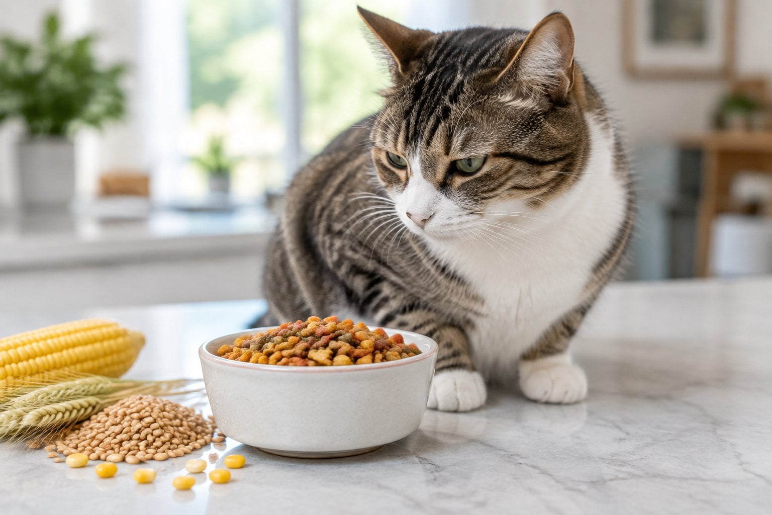 A cat turns away from a bowl of crunchy treats beside corn and wheat grains.
