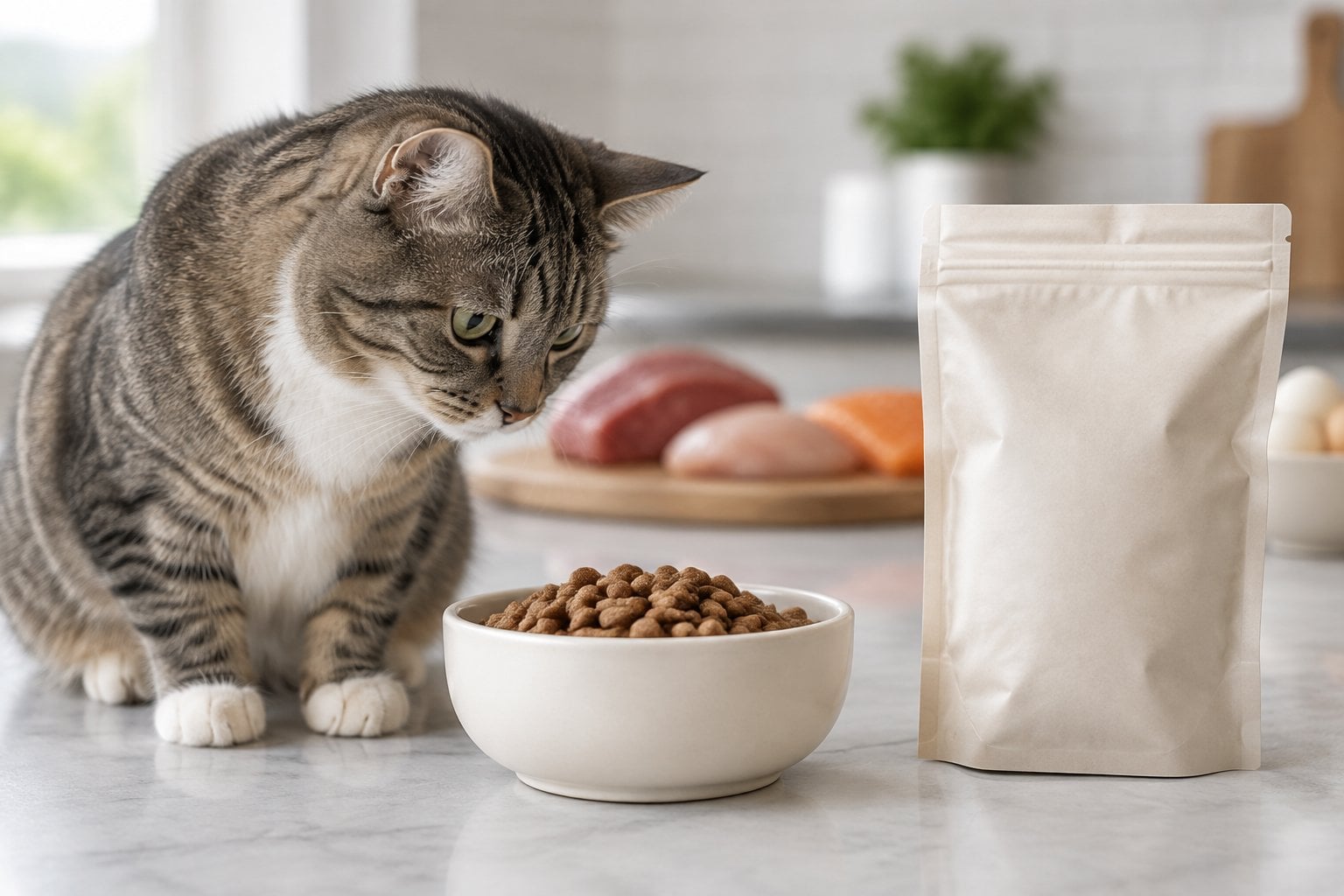 A cat sits beside a bowl of treats and an unmarked package.