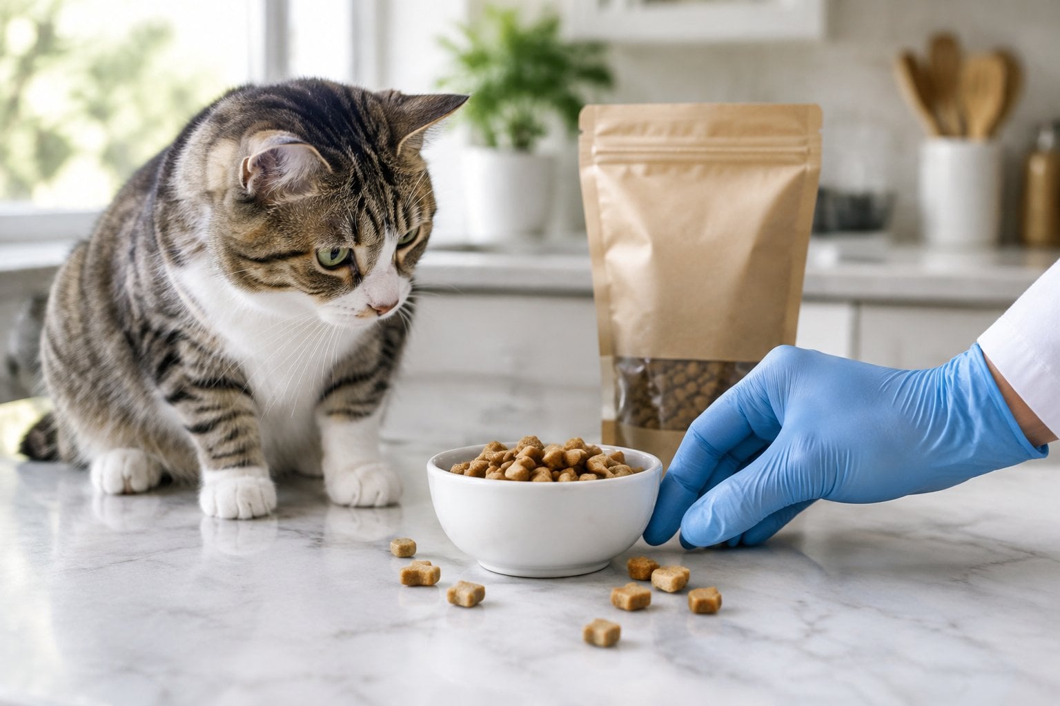 A cat sits beside a bowl of treats as a gloved hand moves them away.
