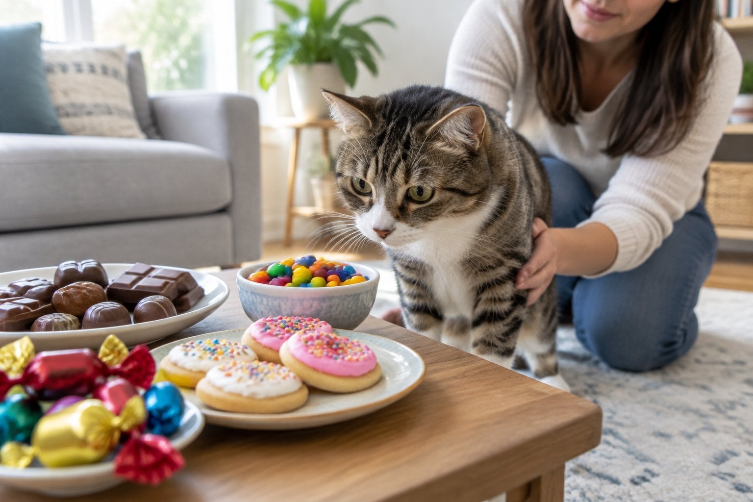 A cat sits beside a table of chocolate and sweets as its owner guides it away.