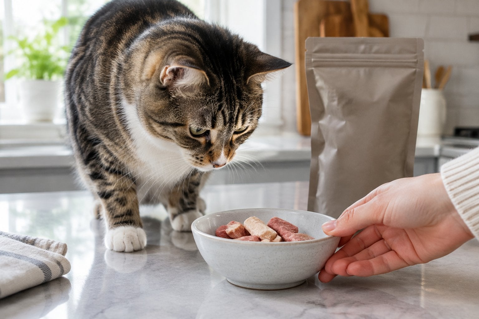 A cat sits beside a bowl of freeze-dried treats as a person moves the bowl aside.