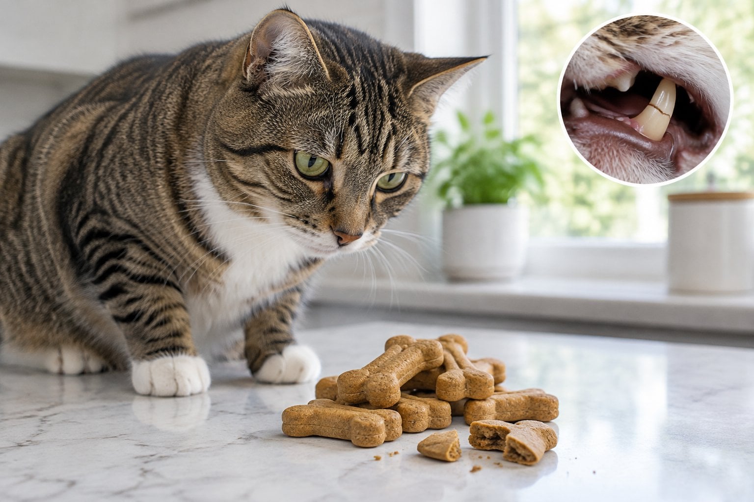 A cat cautiously looks at a pile of hard treats, one of which is cracked.