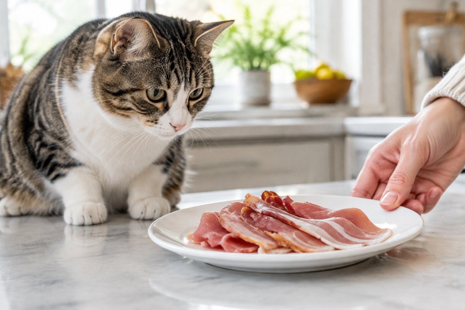 A cat looks at a plate of bacon and ham as a person moves it out of reach.