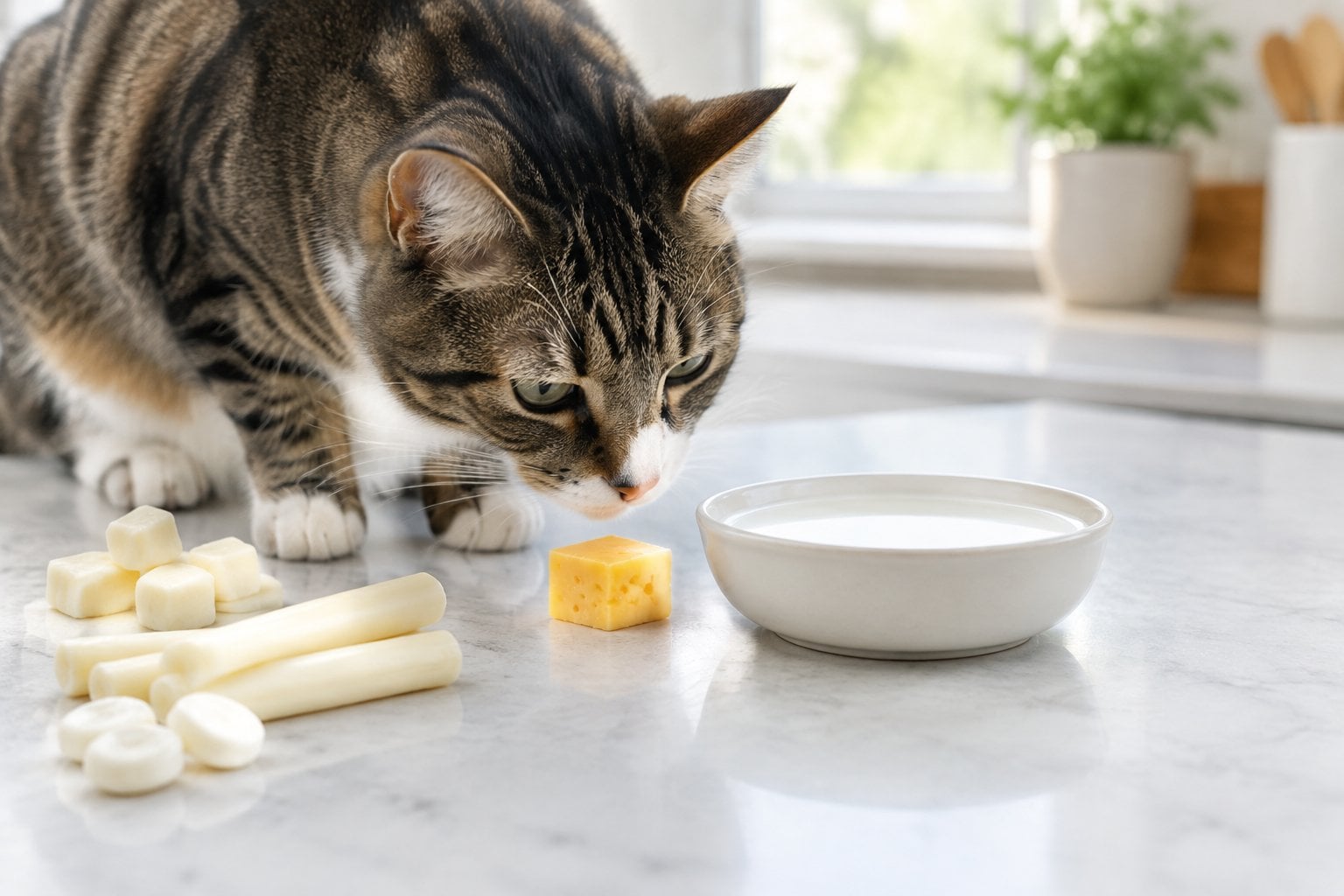 A cat cautiously sniffs a piece of cheese beside a small dish of milk.