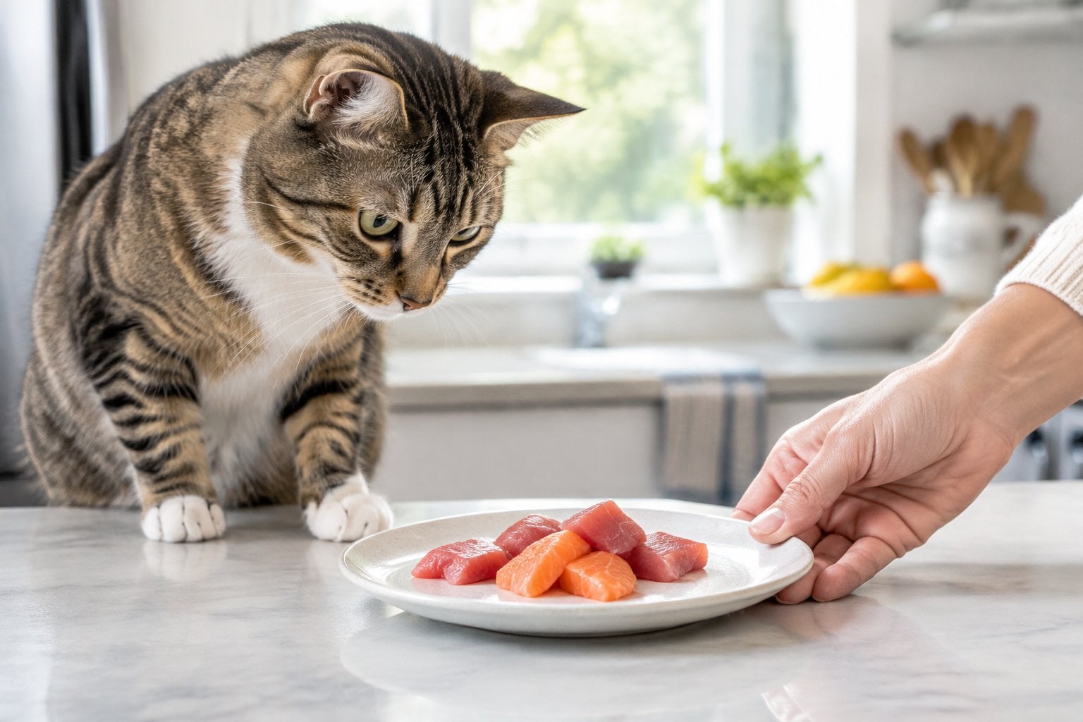 A cat sits beside a dish of raw fish as a person moves it away.