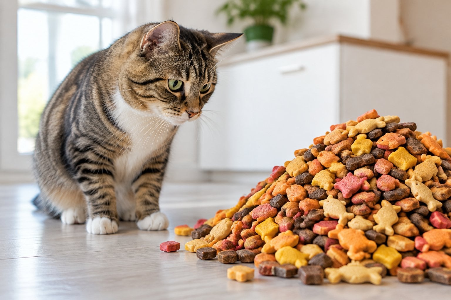A cat sits beside an oversized pile of treats.