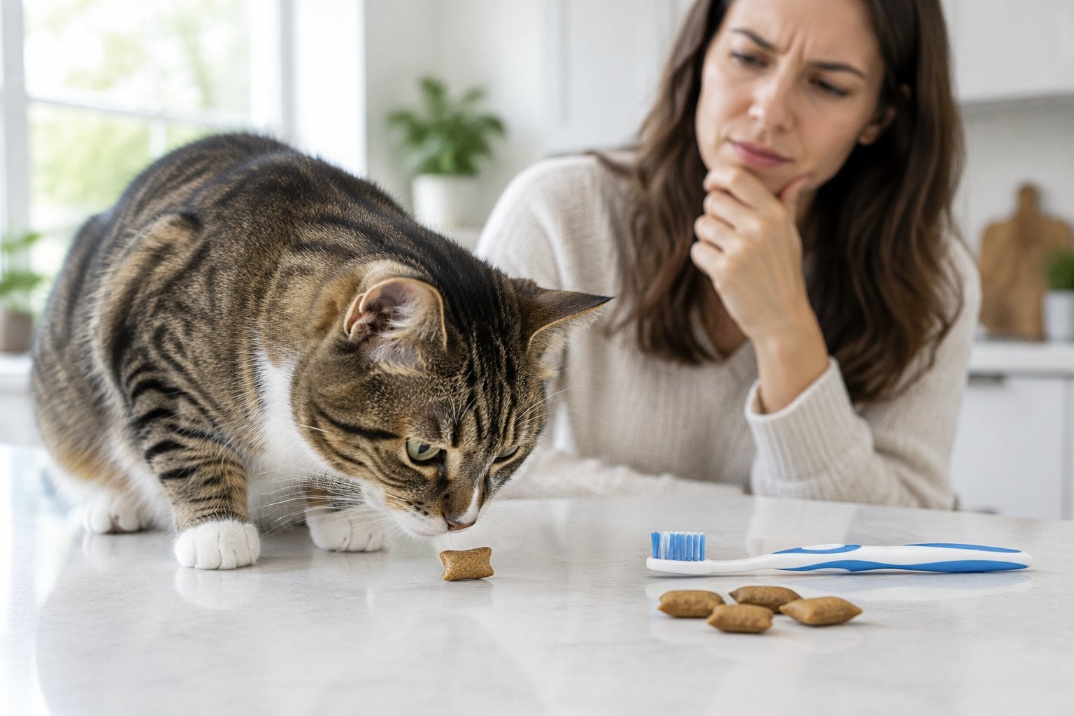 A cat sniffs a treat beside a toothbrush as its owner looks on.