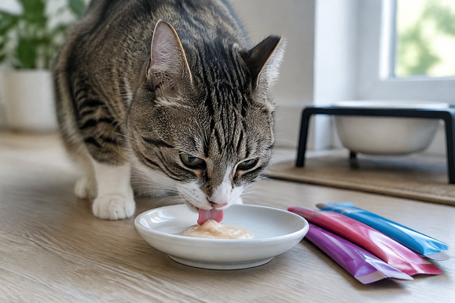 A cat licks a creamy treat from a dish beside several squeeze-treat tubes.