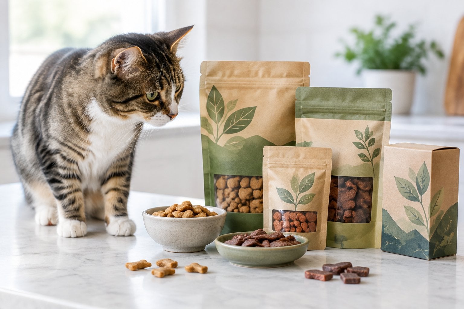 A curious cat sits beside an assortment of treat packages on a kitchen counter.