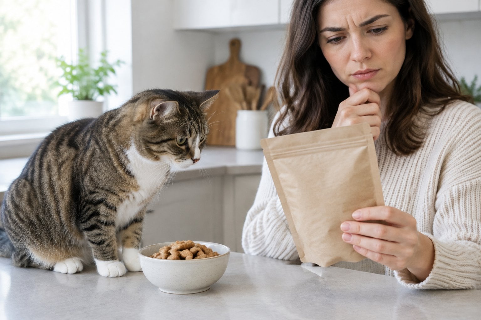 A cat sits beside a bowl of treats as a person examines an unmarked package.