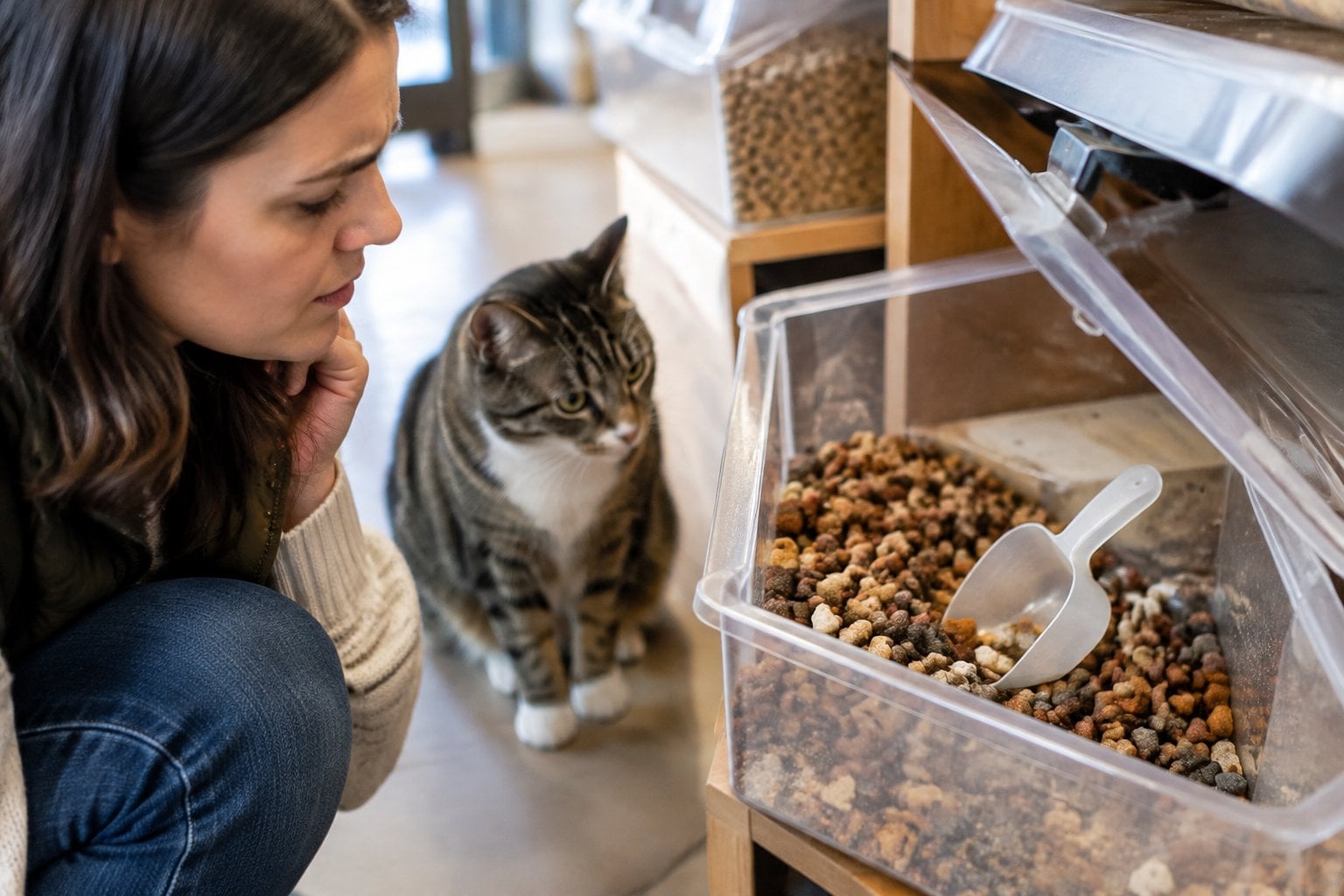 A cat owner examines dry treats in an open bulk bin while a cat sits nearby.