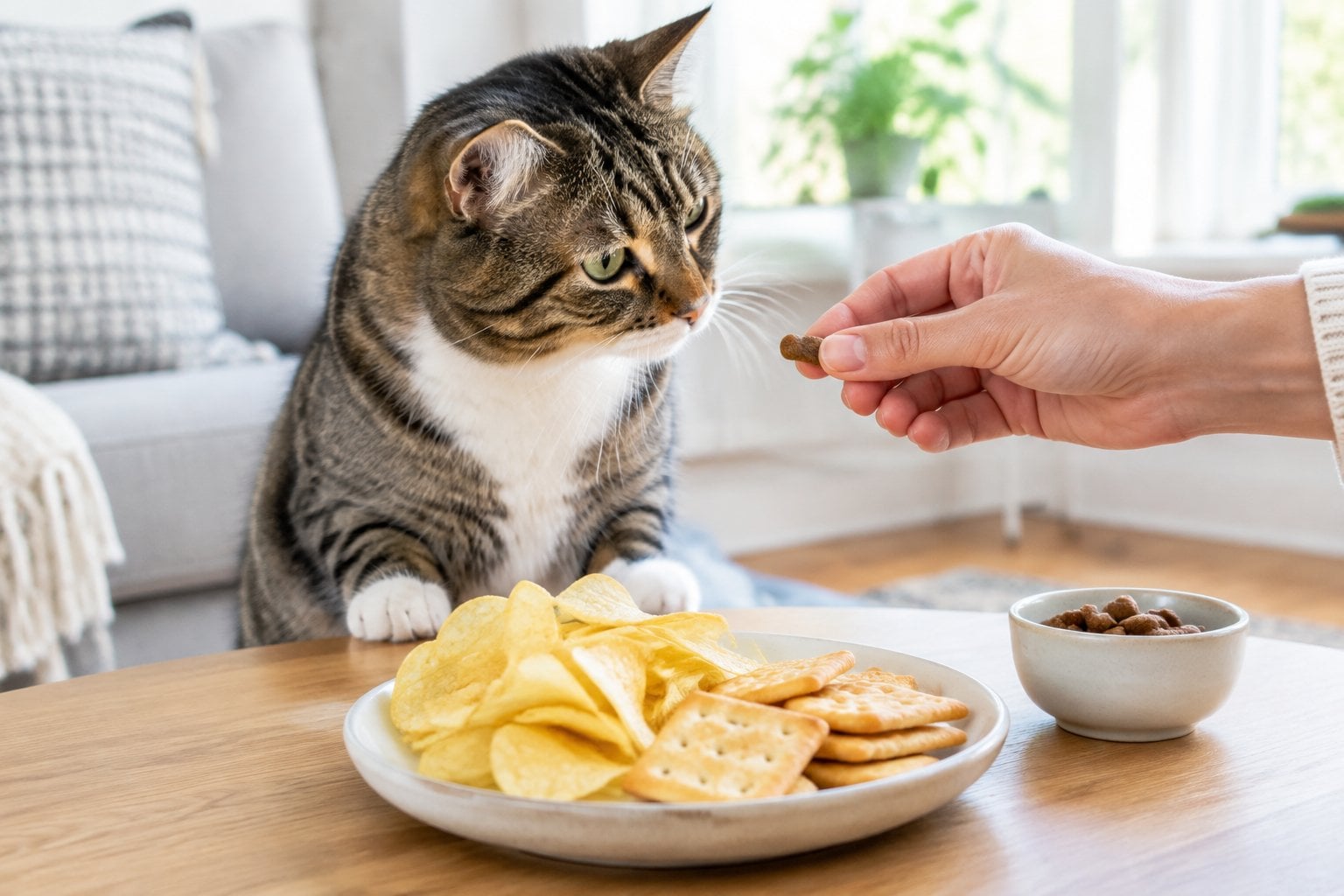 A cat sits beside chips and crackers while a person offers it a cat treat.