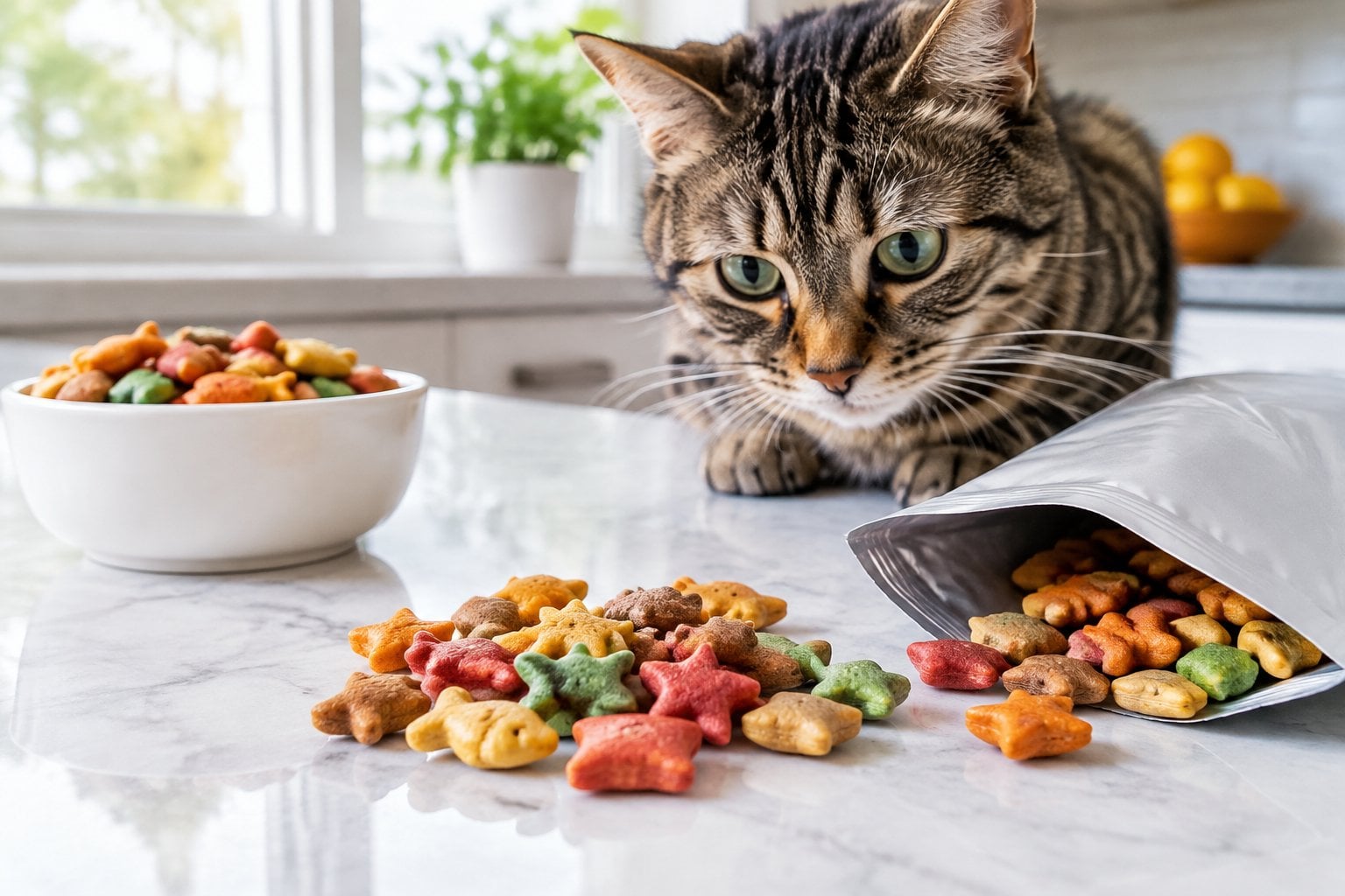 A curious cat sits beside colorful treats in an open pouch on a countertop.