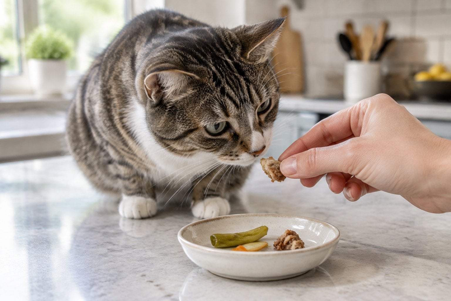 A cat cautiously sniffs leftover food scraps beside a small dish.