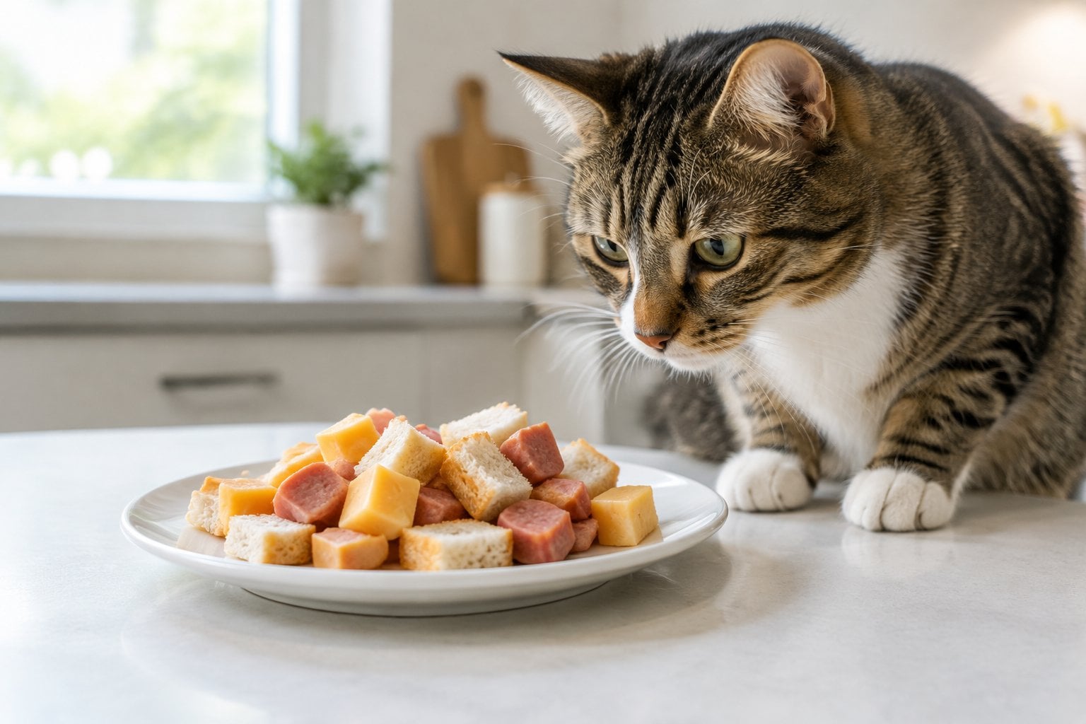 A cat looks at a plate of homemade snacks on a kitchen counter.